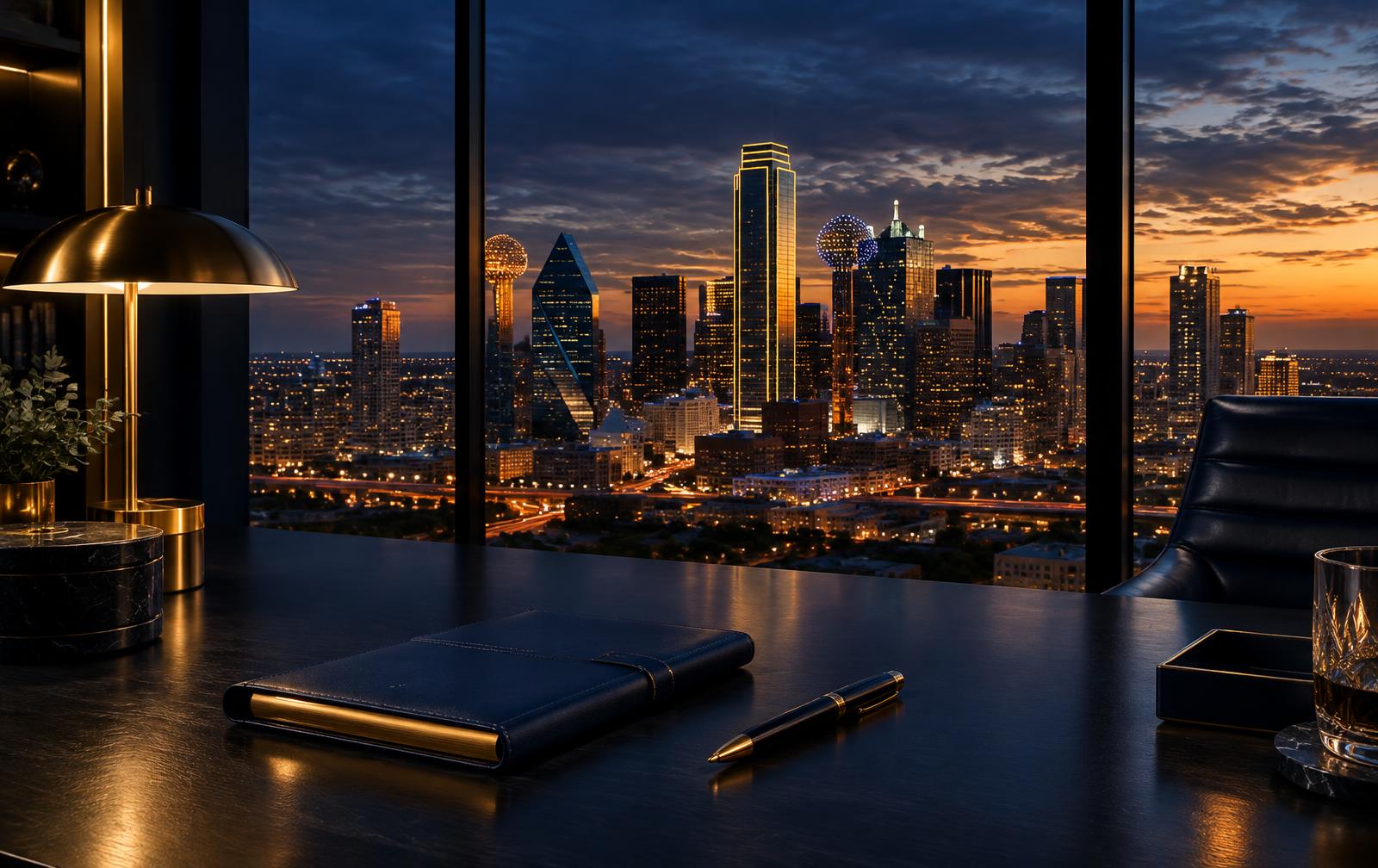 Dallas skyline at dusk from a private office